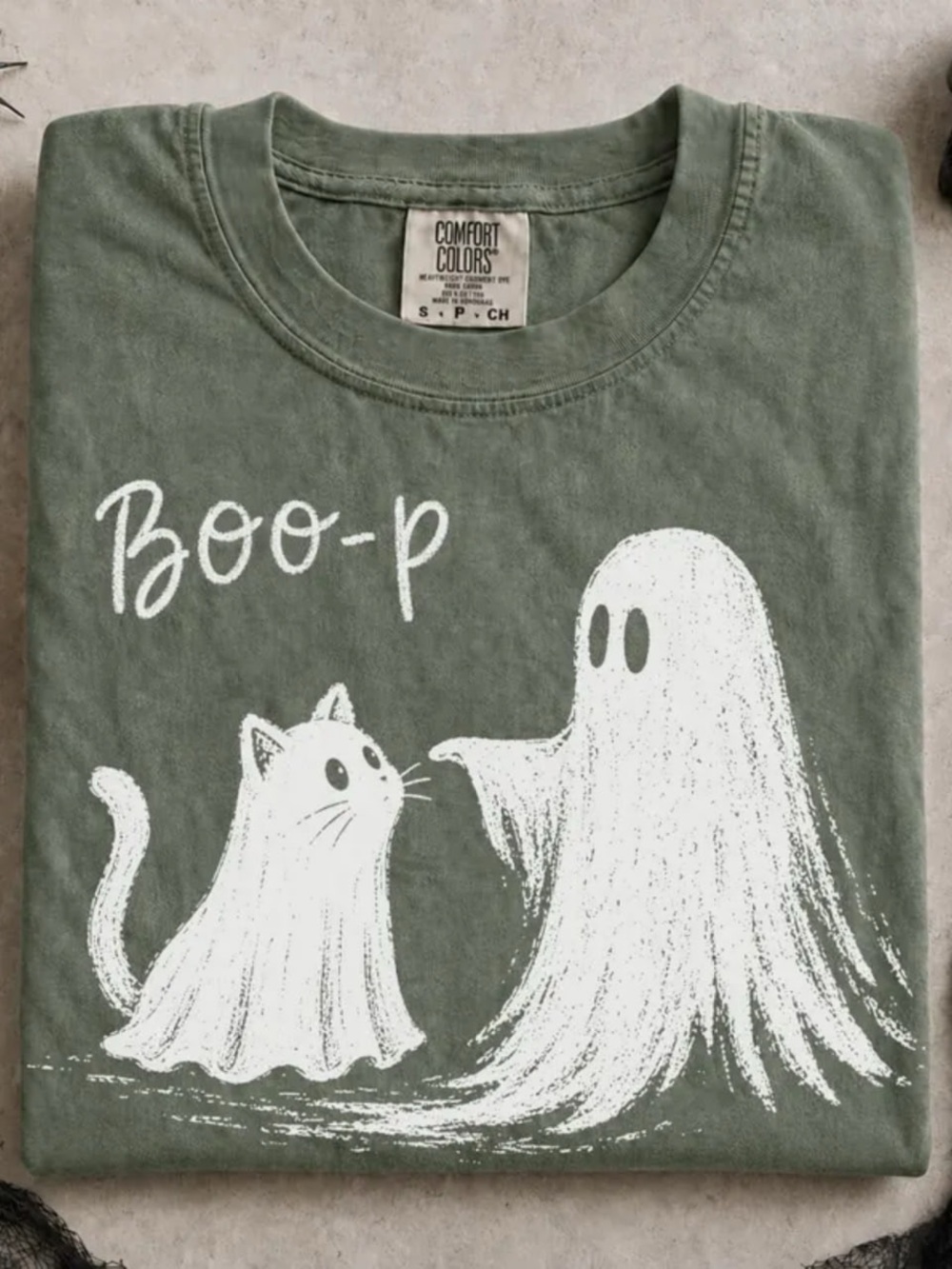 Comfort Colors Green 'Boo-p' Ghost Cat Graphic Tee - Pet Lover Shirt